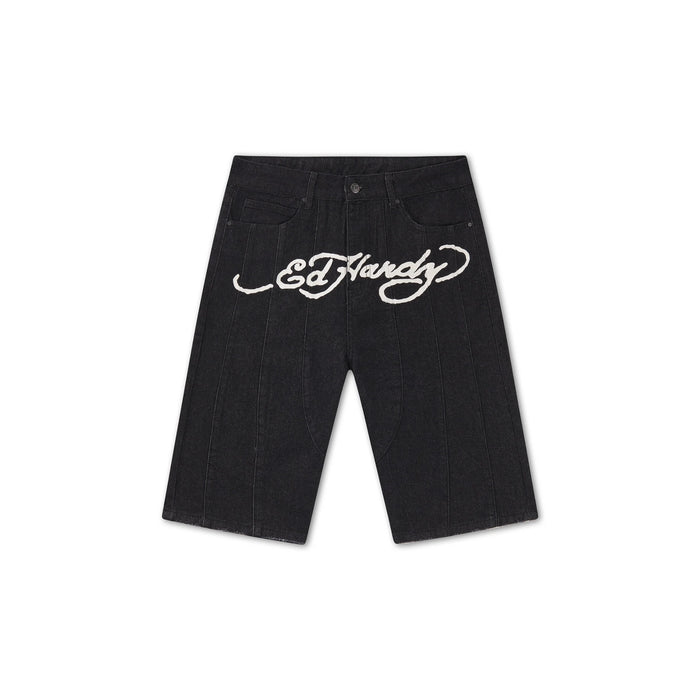 Ed Hardy Moto Panelled Relaxed Denim Jort 'Black Blasted Wash'