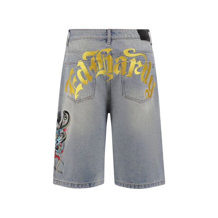 Ed Hardy Medusa Drag Demim Skater Jorts Shorts ‘Bleach’