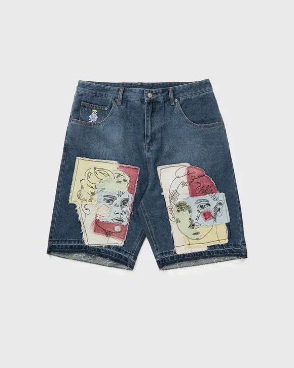 KidSuper Studios Boy & Girl Doodles Patchwork Baggy Shorts ‘Dark Wash’
