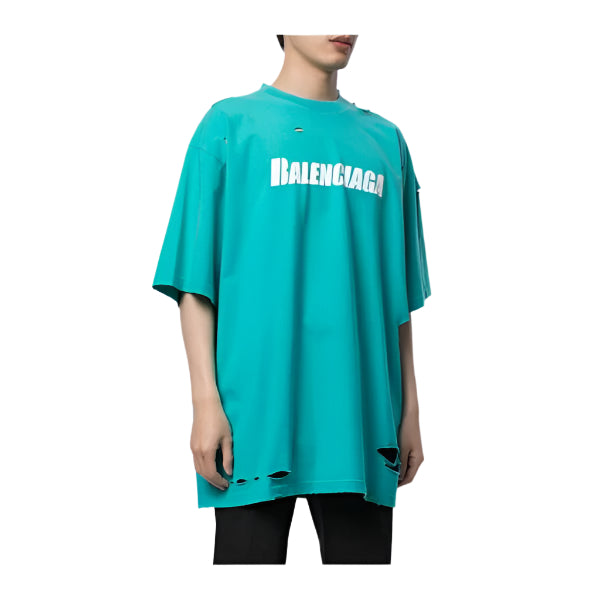 Balenciaga Ripped Oversize Logo T-shirt In Turquoise