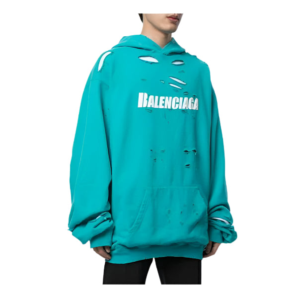 Balenciaga Ripped Oversize Logo Hoodie 'Turquoise'