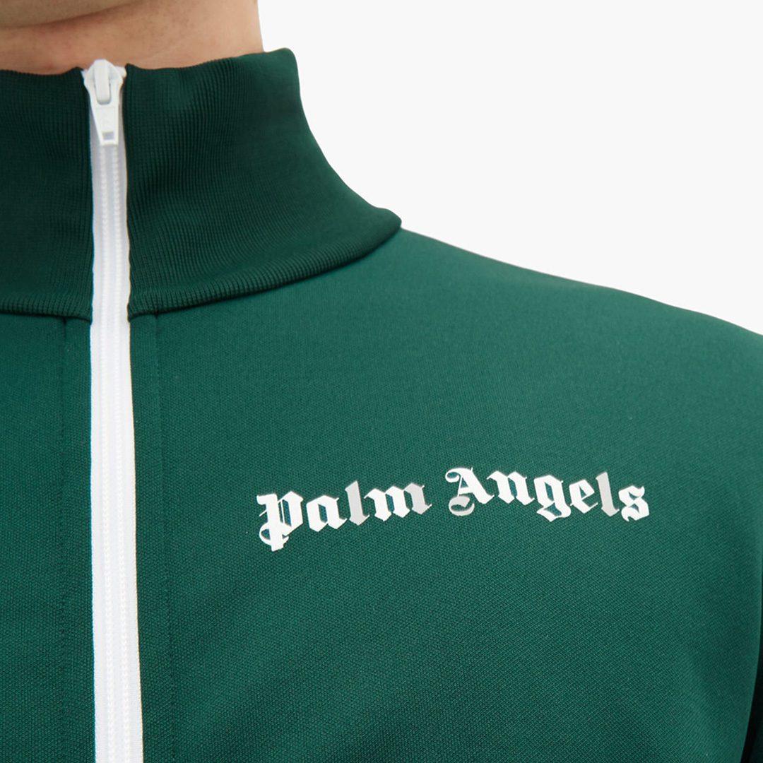 PALM ANGELS TAPED TRACK JACKET IN DARK GREEN/WHITE