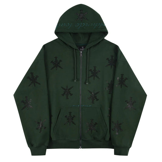 Unknown London GREEN RHINESTONE HOODIE