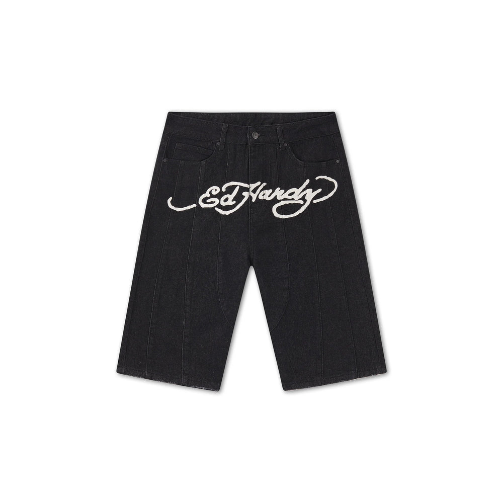 Ed Hardy Moto Panelled Relaxed Denim Jort 'Black Blasted Wash'
