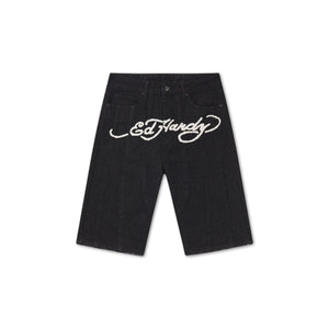 Ed Hardy Moto Panelled Relaxed Denim Jort 'Black Blasted Wash'