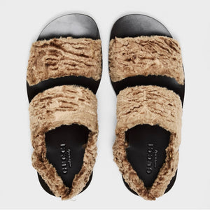 Gucci Faux Fur Slingback Sandals ‘Off Khaki’