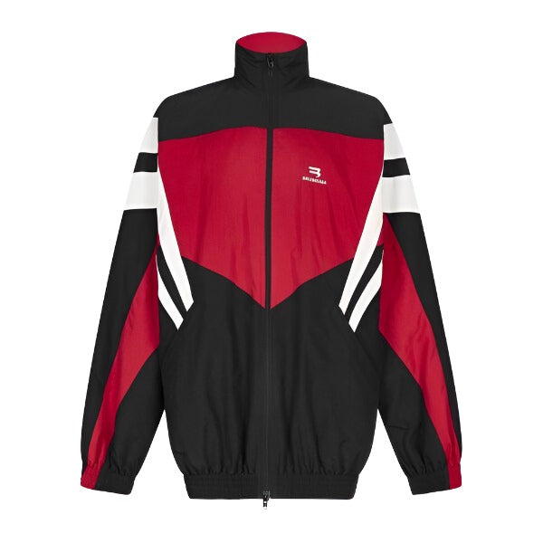 BALENCIAGA OVERSIZED TRACKSUIT JACKET IN BLACK RED AND WHITE NYLON