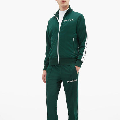 PALM ANGELS TAPED TRACK JACKET IN DARK GREEN/WHITE