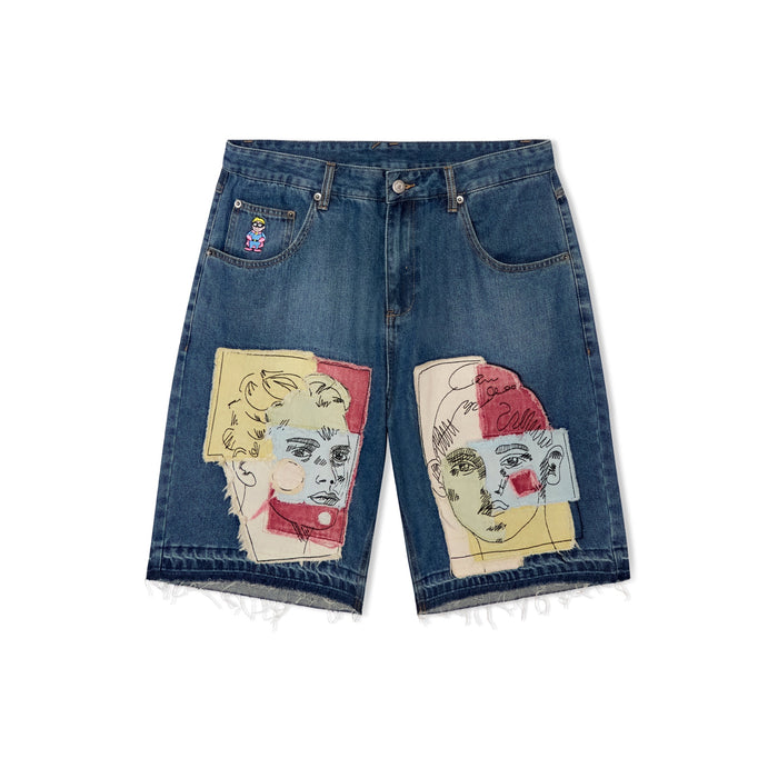 KidSuper Dark Wash Patchwork Face Jorts