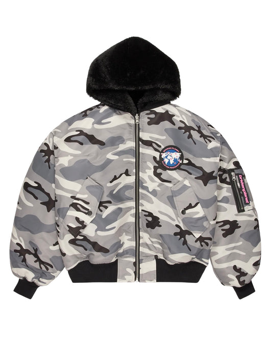Broken Planet Reversible Snow Camo Fur Bomber