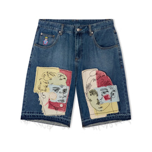 KidSuper Dark Wash Patchwork Face Jorts