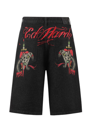 Mens Sever Snake Diamante Denim Jorts Short “Black”