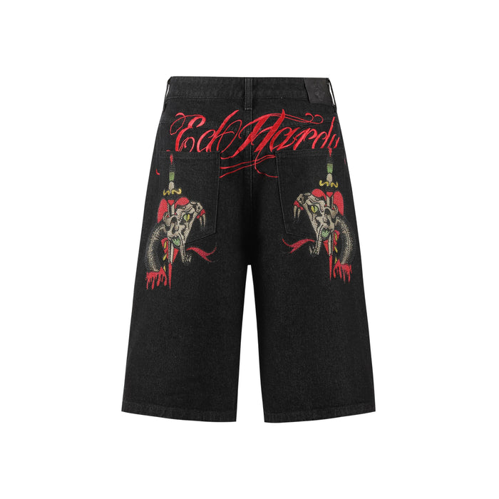 Mens Sever Snake Diamante Denim Jorts Short “Black”