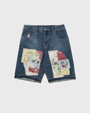 KidSuper Studios Boy & Girl Doodles Patchwork Baggy Shorts ‘Dark Wash’