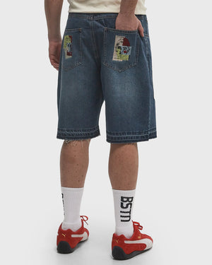 KidSuper Studios Boy & Girl Doodles Patchwork Baggy Shorts ‘Dark Wash’