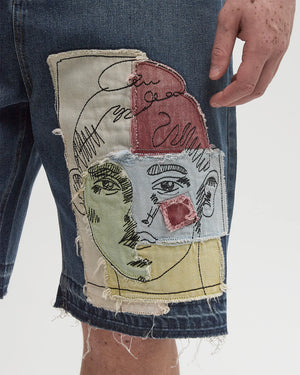 KidSuper Studios Boy & Girl Doodles Patchwork Baggy Shorts ‘Dark Wash’