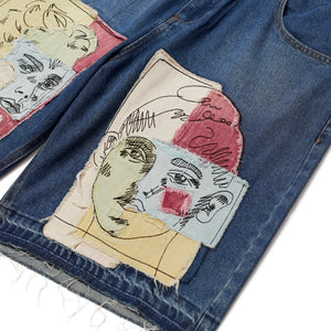 KidSuper Studios Boy & Girl Doodles Patchwork Baggy Shorts ‘Dark Wash’