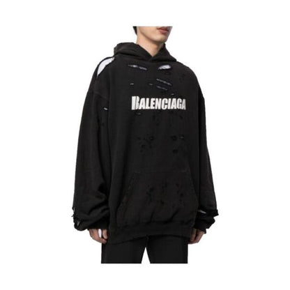 Balenciaga Ripped Oversize Logo Hoodie In Black