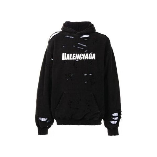 Balenciaga Ripped Oversize Logo Hoodie In Black