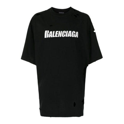 Balenciaga Ripped Oversize Logo T-shirt In Black