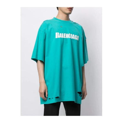 Balenciaga Ripped Oversize Logo T-shirt In Turquoise