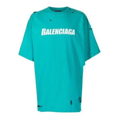 Balenciaga Ripped Oversize Logo T-shirt In Turquoise