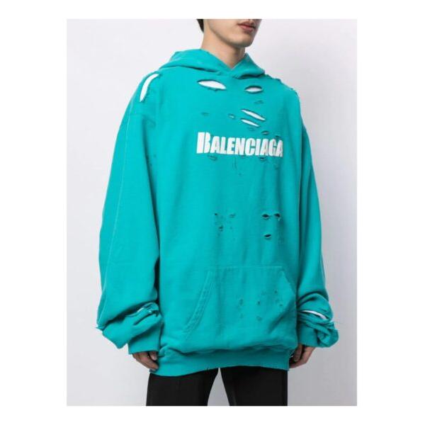 Balenciaga Ripped Oversize Logo Hoodie In Turquoise