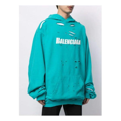 Balenciaga Ripped Oversize Logo Hoodie In Turquoise