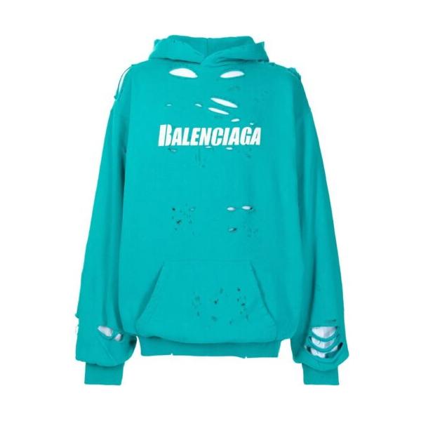 Balenciaga Ripped Oversize Logo Hoodie In Turquoise