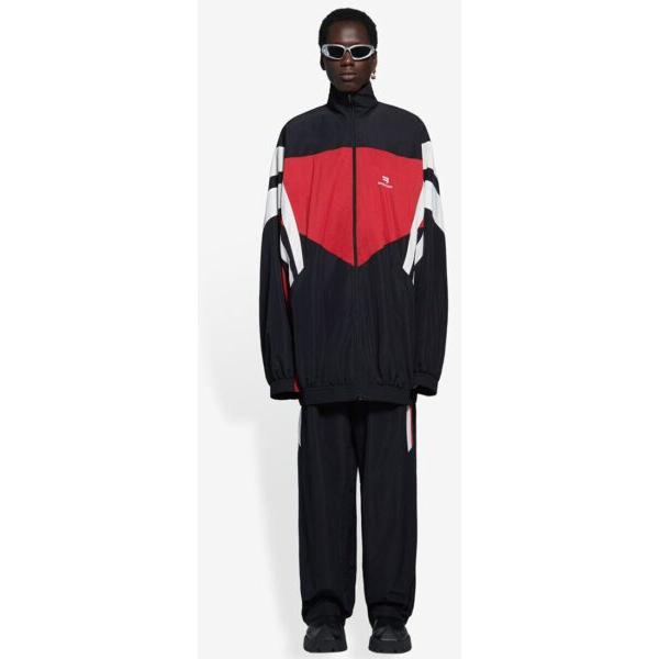 BALENCIAGA OVERSIZED TRACKSUIT JACKET IN BLACK RED AND WHITE NYLON