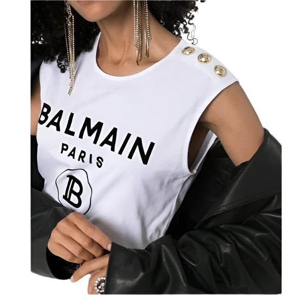 Balmain Button-Detail Logo-Print Tank Top
